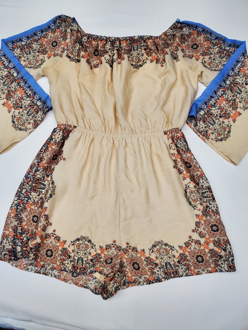 fab'rik Boho Paisley Border Print Romper Playsuit Off Shoulder L Cream